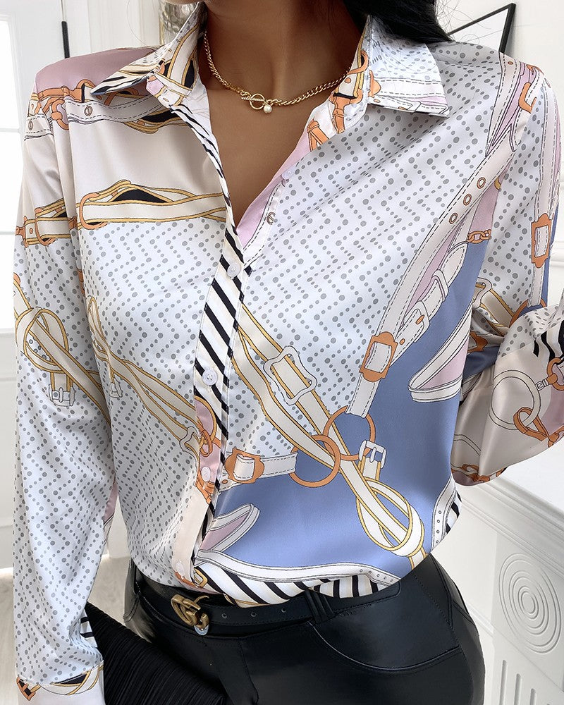 Scarf Print Satin Long Sleeve Shirt