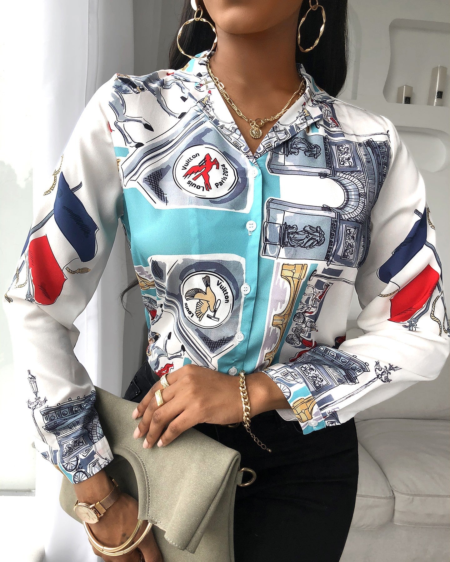 Graphic Print Button Design Long Sleeve Shirt