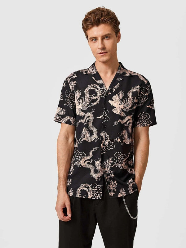 Men Revere Collar Dragon Print Shirt