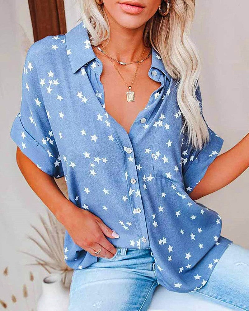 Buttoned Pocket Design Star Print Short Sleeve Shirt