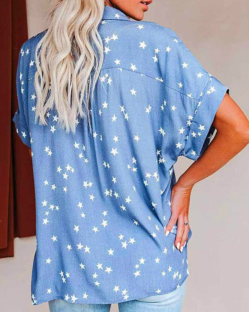 Buttoned Pocket Design Star Print Short Sleeve Shirt