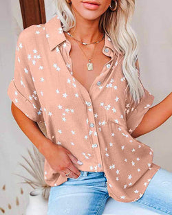 Buttoned Pocket Design Star Print Short Sleeve Shirt