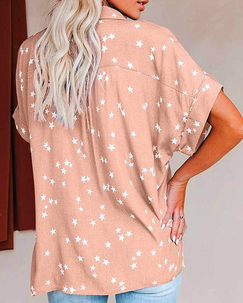 Buttoned Pocket Design Star Print Short Sleeve Shirt