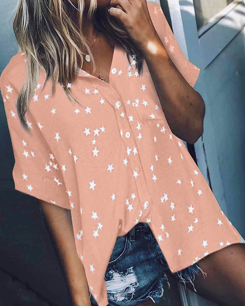 Buttoned Pocket Design Star Print Short Sleeve Shirt