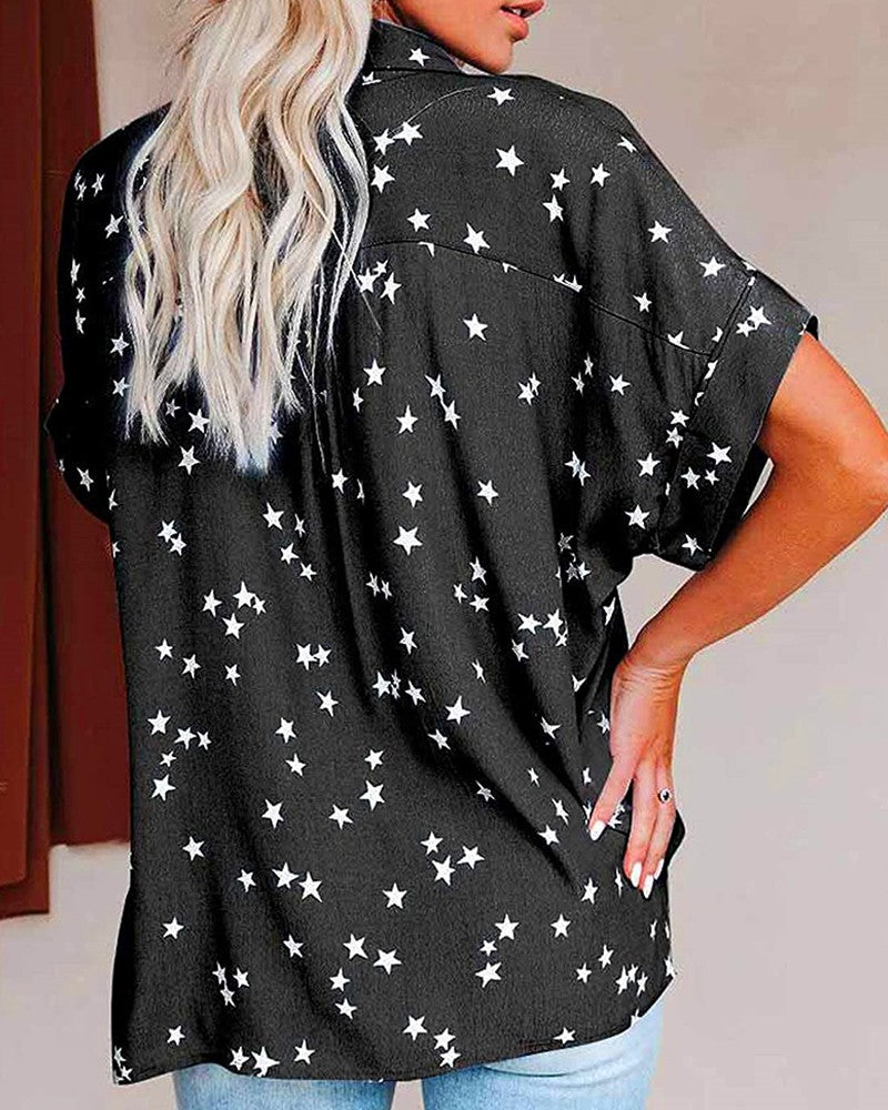 Buttoned Pocket Design Star Print Short Sleeve Shirt