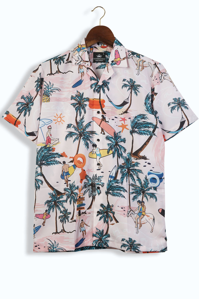 Hawaii Surf Beach Plam Tree Print With Beach-men Playing Surf Mens Printed Shirts