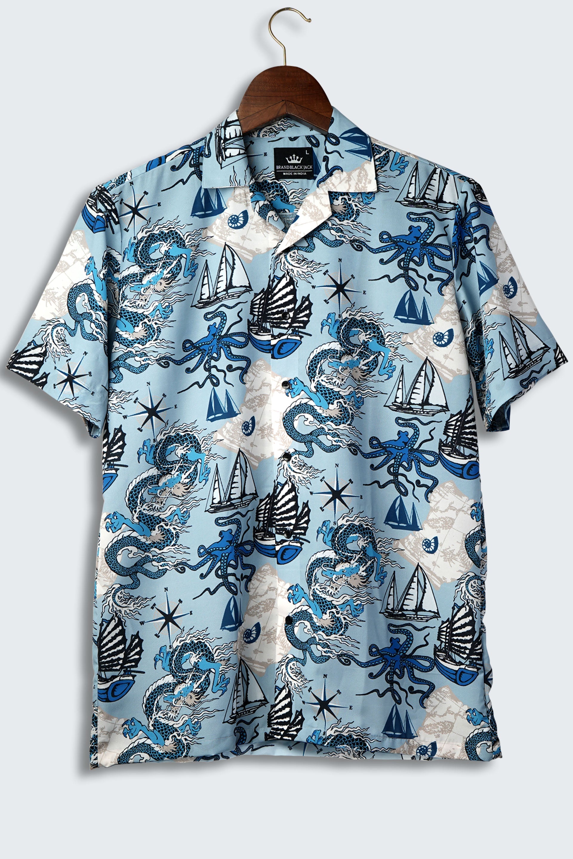 Pattern of Asian Dragon, Octopus and Sea Voyages Mens Printed Shirt by Black Jack