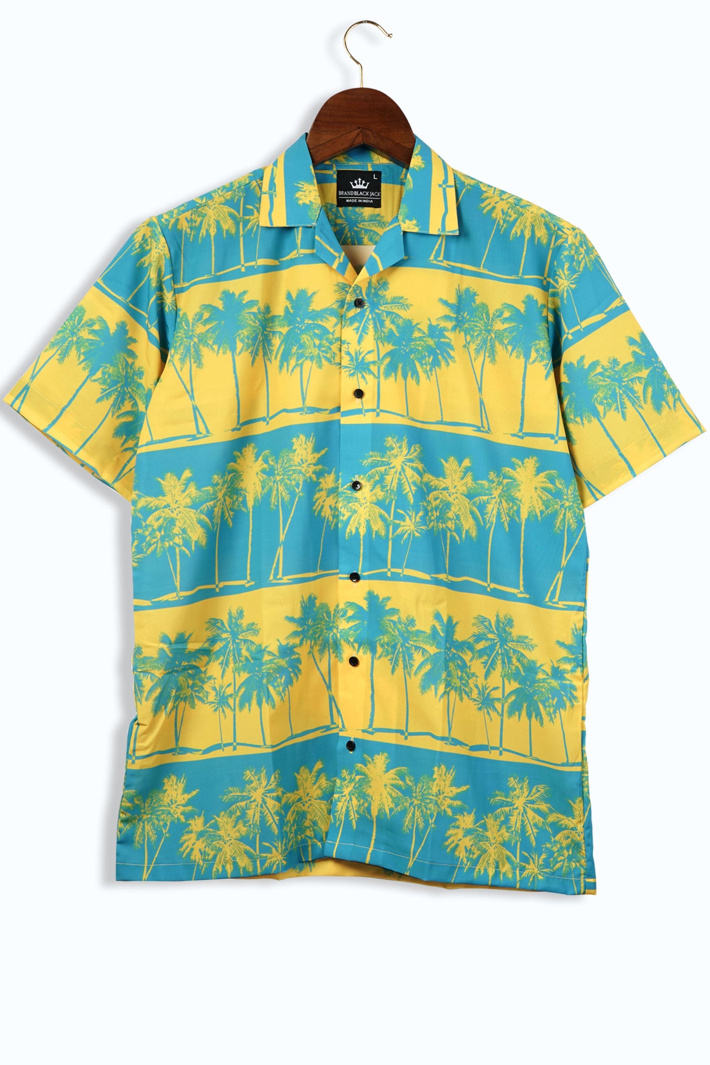 Yellow Palms on a Sky Blue Color Cuban Style Mens Shirt by Black Jack