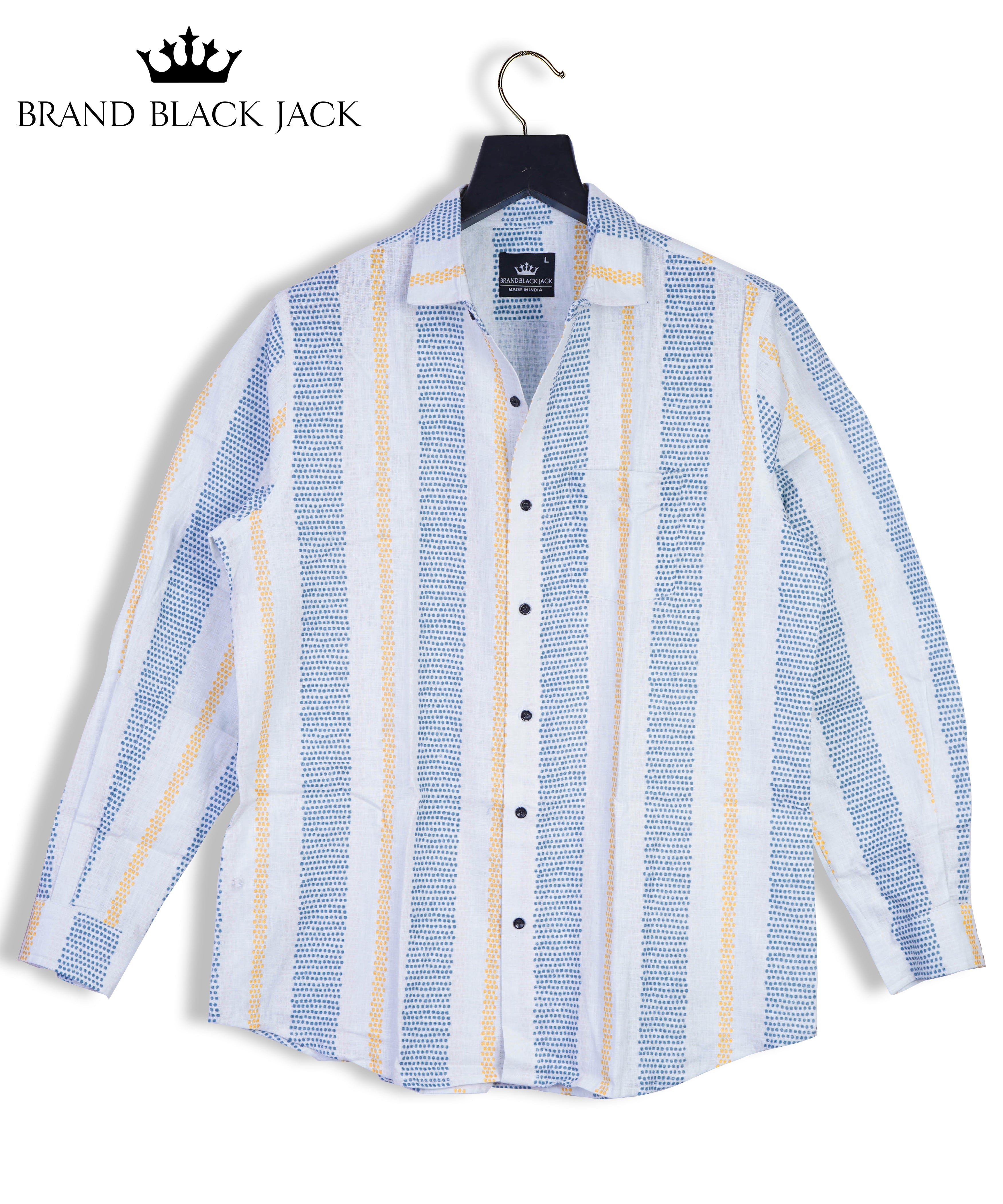 Provence Blue White Linen Woven Shabby Chic Style Weave Stitch Stripes Full Sleeve Mens Shirt by Brand Black Jack