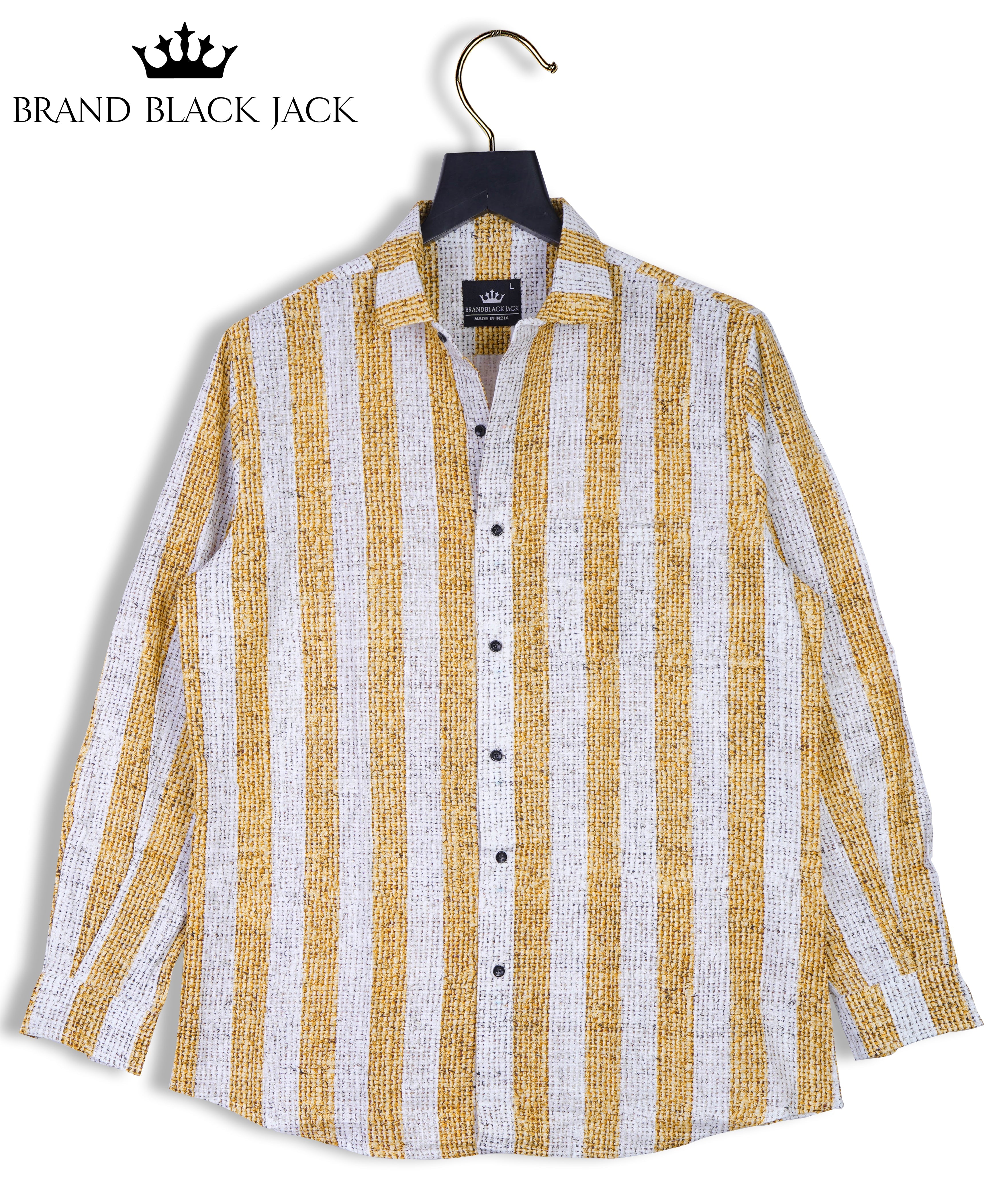 Pure Linen Yellow Striped Full Sleeve Shirt For Man By Brand Black Jack