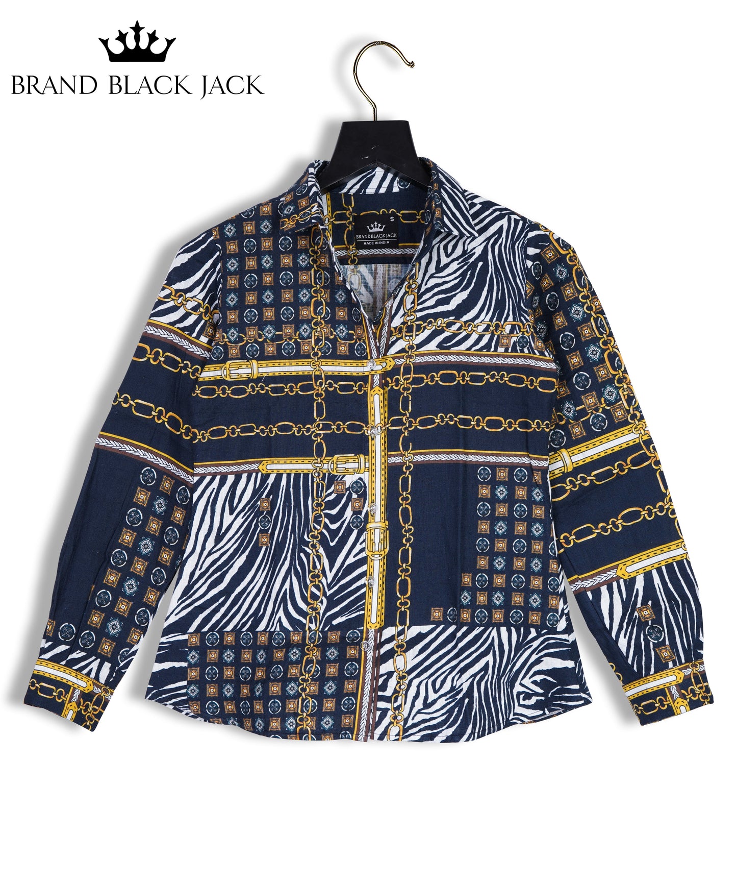 Golden Chain, Animal Print,Abstract Mix Printed Blue Color Linen Shirt By Brand Black Jack