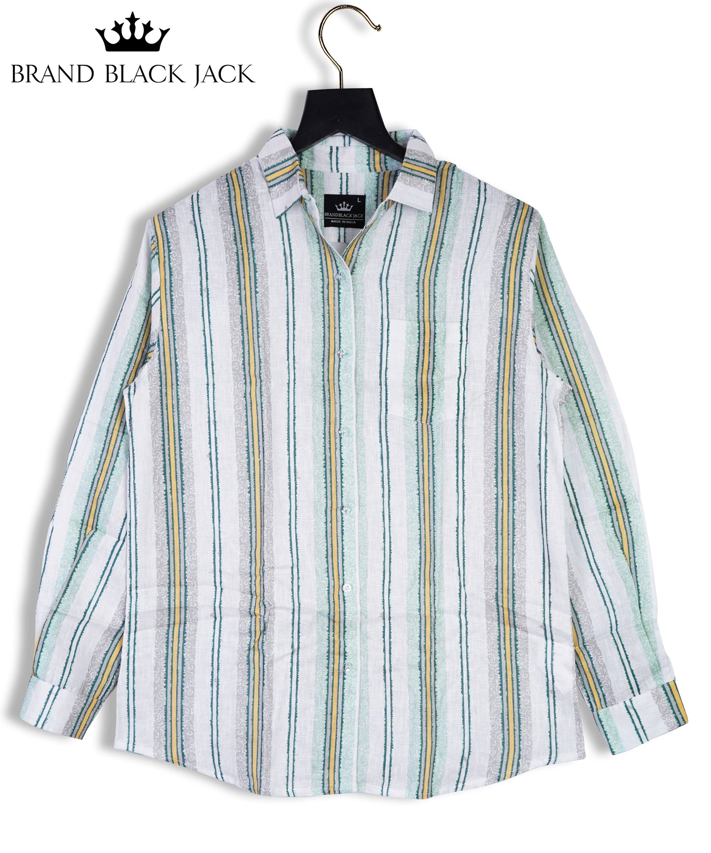 Pure Linen French Blue Yellow Farmhouse Style Stripes Print Full Sleeve Mens Shirt by Brand Black Jack