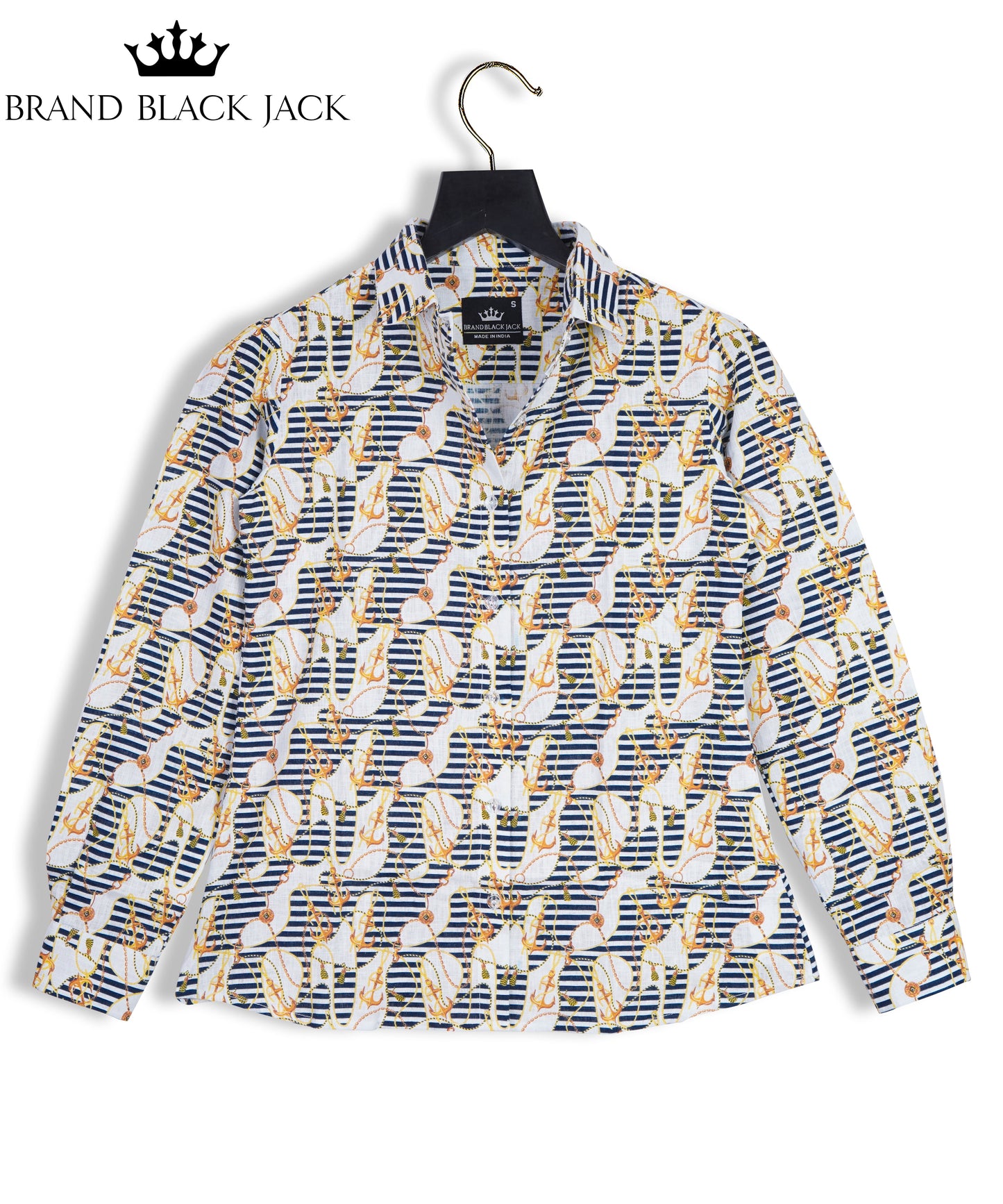 Linen Golden Chain Blue Strip Loop Printed Shirt By Brand Black jack