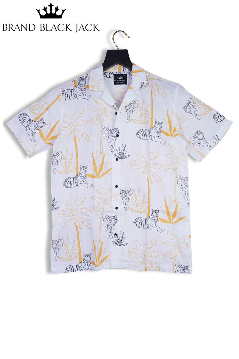 Pure Linen Palm Jungle Amazing Tiger Printed Shirt For Man By Brand Black Jack