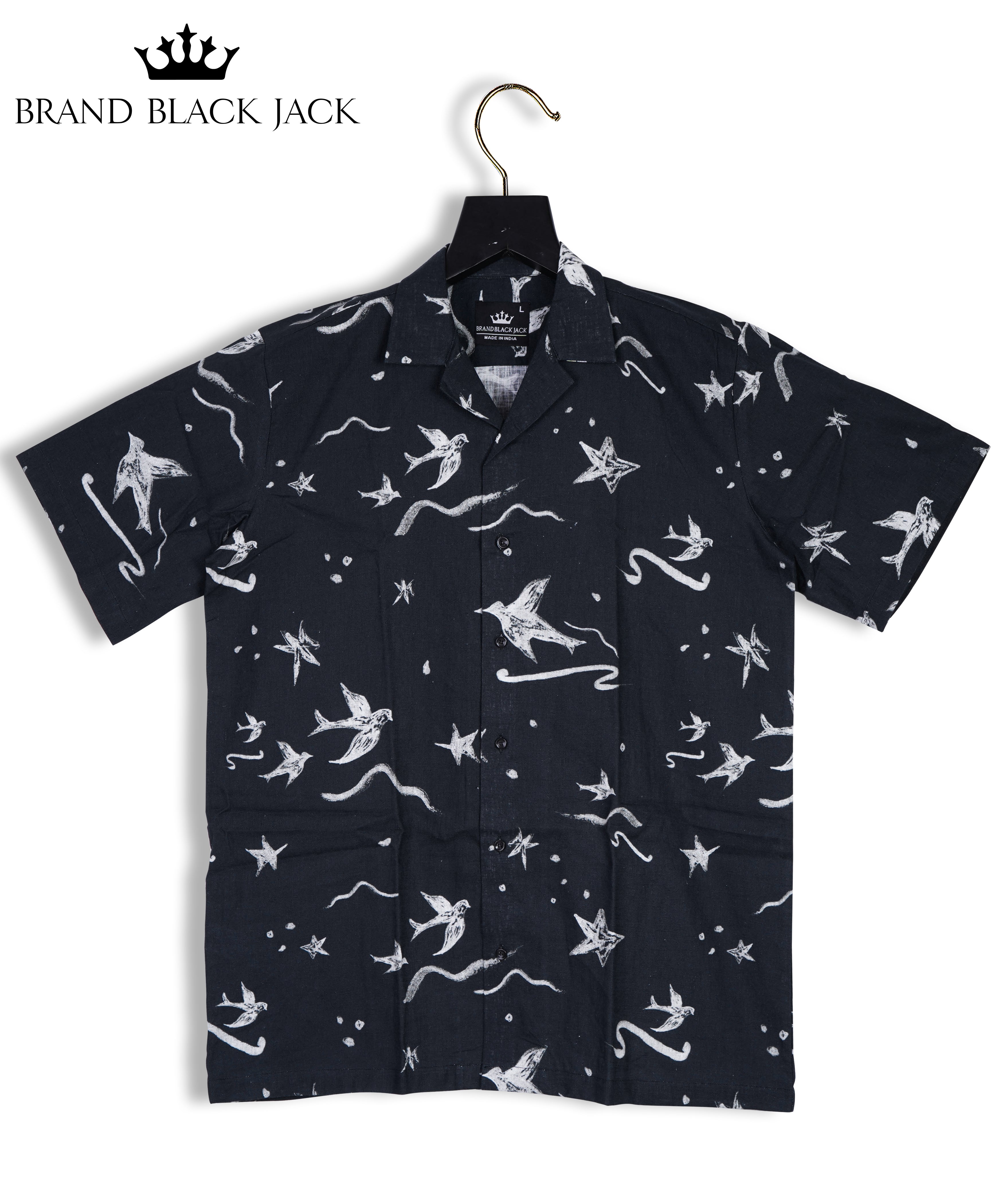 Black Bird Star Printed Linen Shirt By Brand Black jack