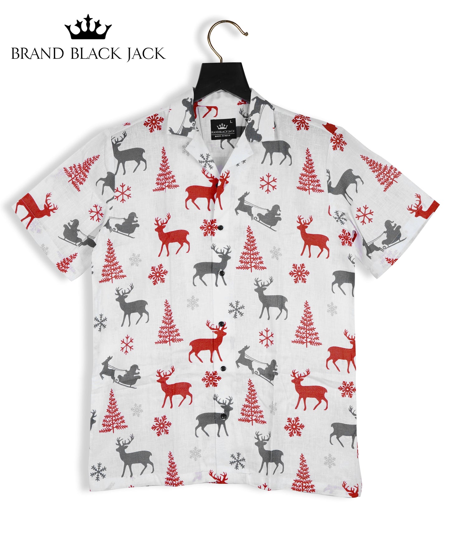 Pure Linen Merry Christmas Shirt, Christmas Tree and Deer Printed Mens Shirt by Brand Black Jack