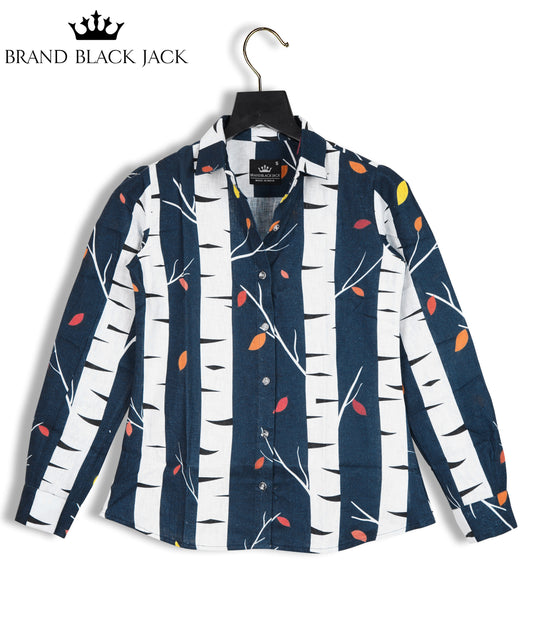 Linen Tree on Leaf Blue Color Full Sleeve Printed Shirt By Brand Black Jack