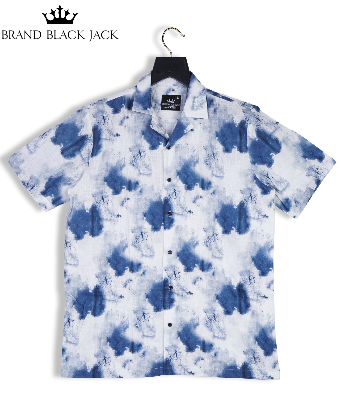 Linen Blue and White Tie Dye Half Sleeve Printed Shirt By Brand Black jack