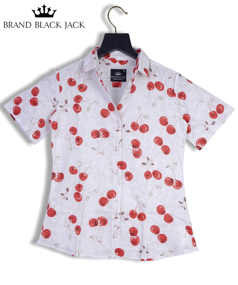 Linen Vintage Cherry plant Half Sleeve Printed Shirt By Brand Black Jack