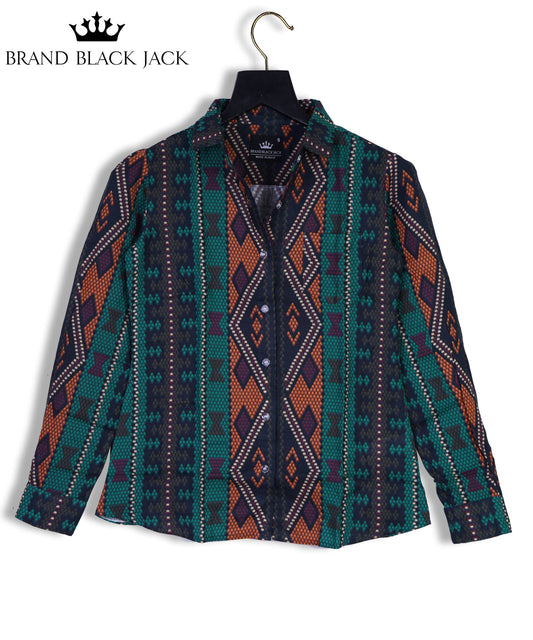 Linen  Al-Sadu embroidery bright, multicolor oriental ornaments Full Sleeve Printed Shirt By Brand Black Jack