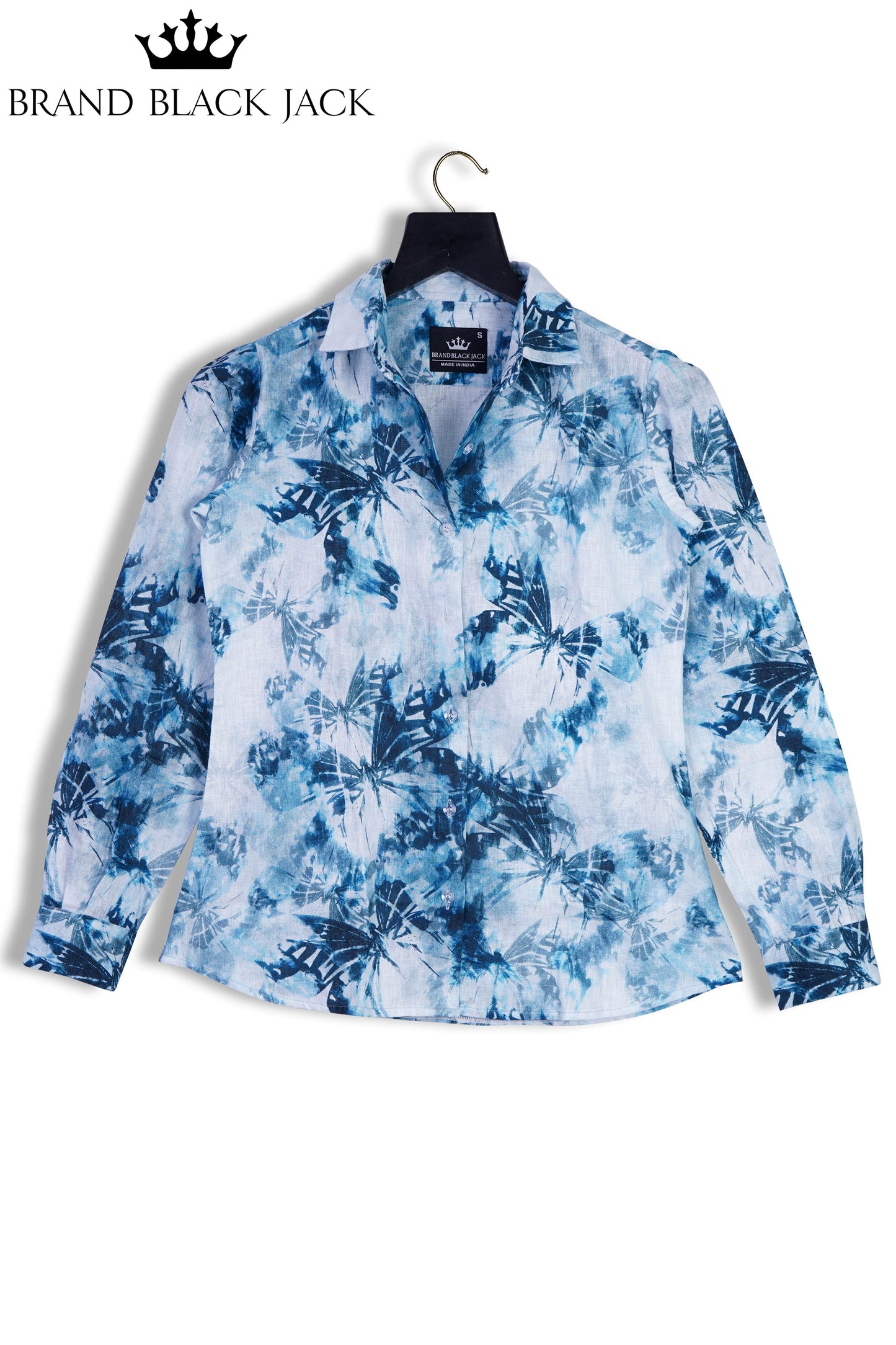 Linen Splash Blue Butterfly Full Sleeve Printed Shirt By Brand Black Jack