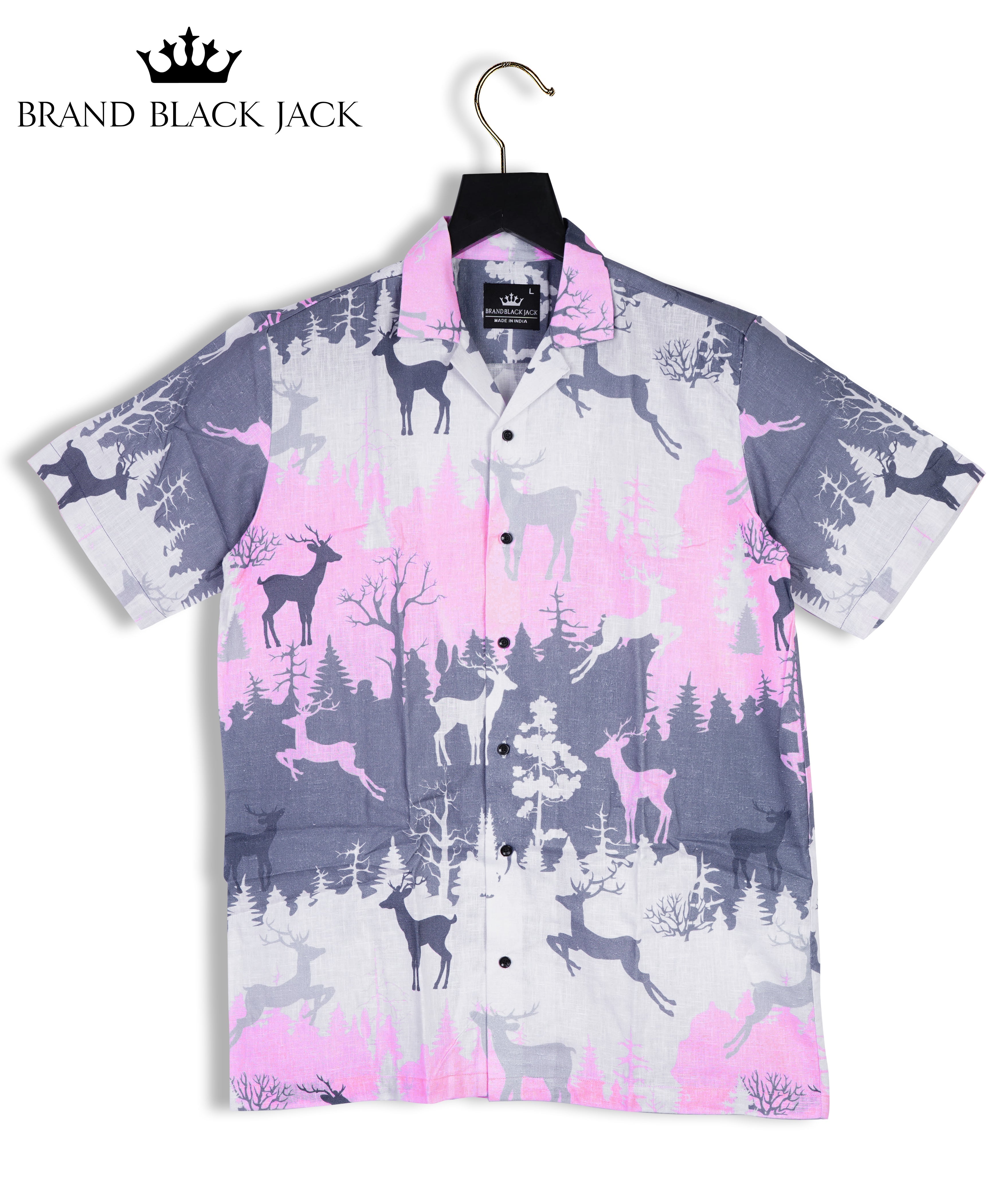 Winter Seamless Pattern with Silhouettes of Deer, Forest and Trees on a Pink, Gray and Lilac  Linen Shirts By Brand Black Jack