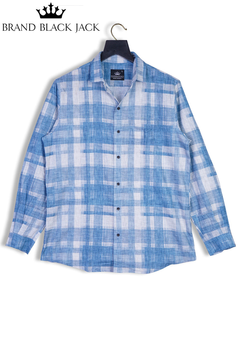 Pure Linen French Farmhouse Woven Blue Plaid Check Pattern Mens Shirt by Brand Black Jack