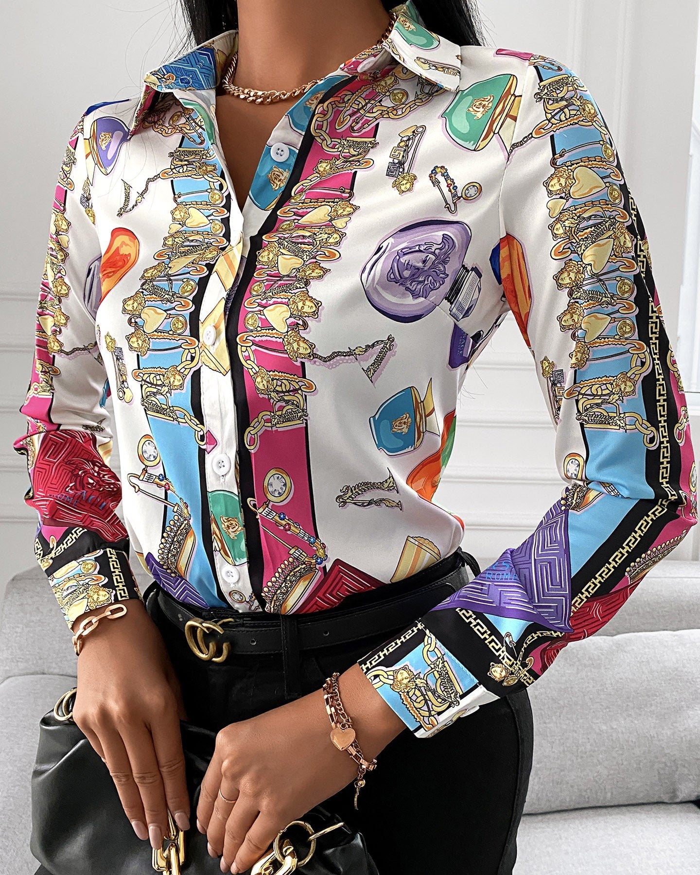 All Over Print V Neck Long Sleeve Shirt