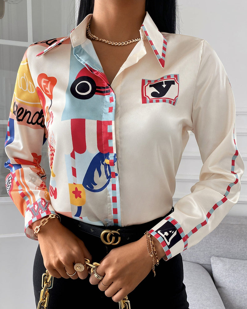 Graphic Print Long Sleeve Button Design Casual Shirt