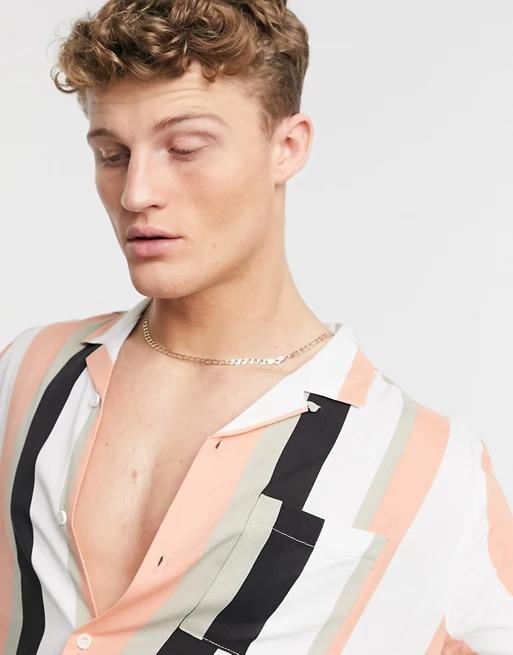 Revere Collar Strip Shirt In Peach