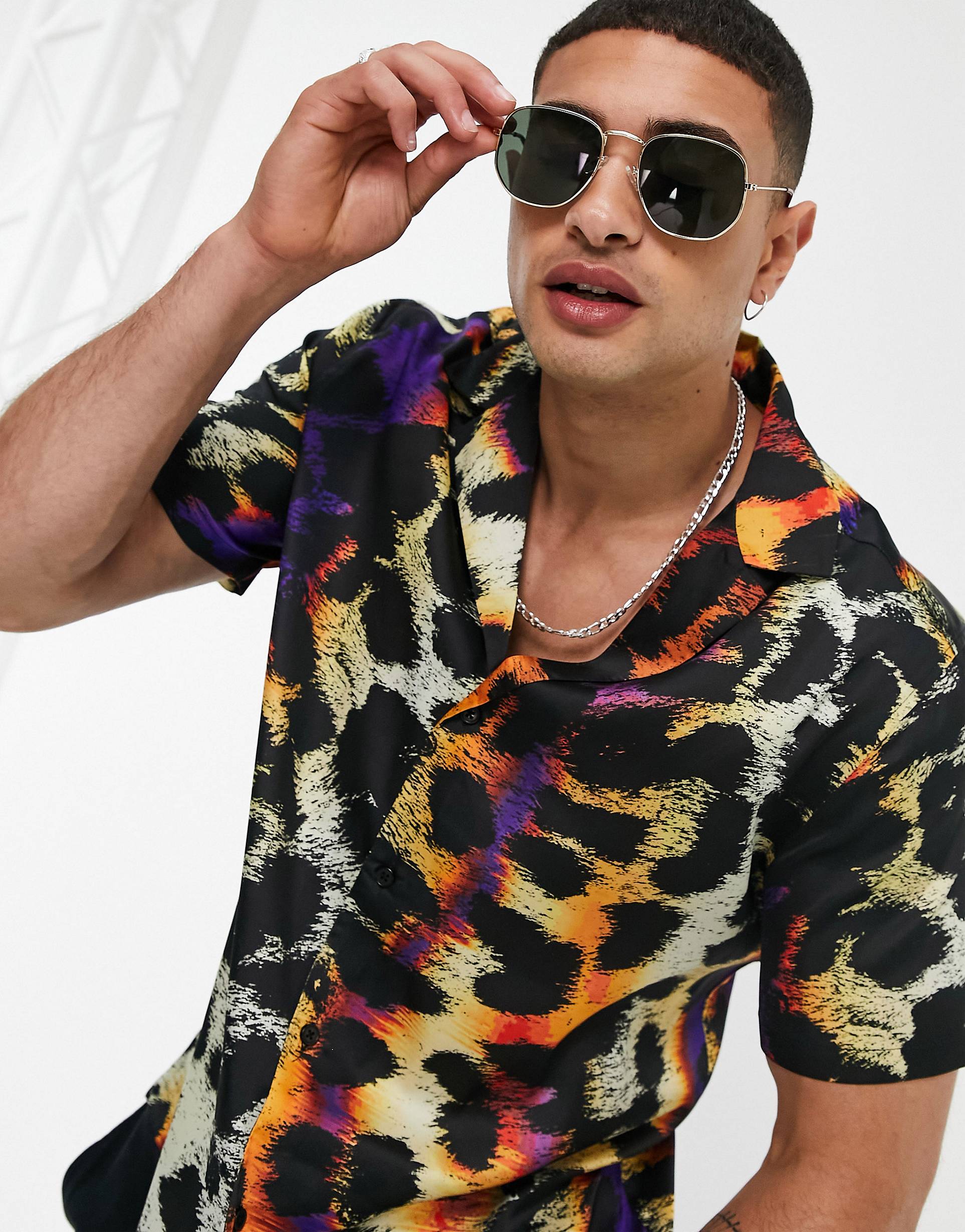 Relaxed Revere Shirt In Satin Animal Print Half Sleeve Shirt