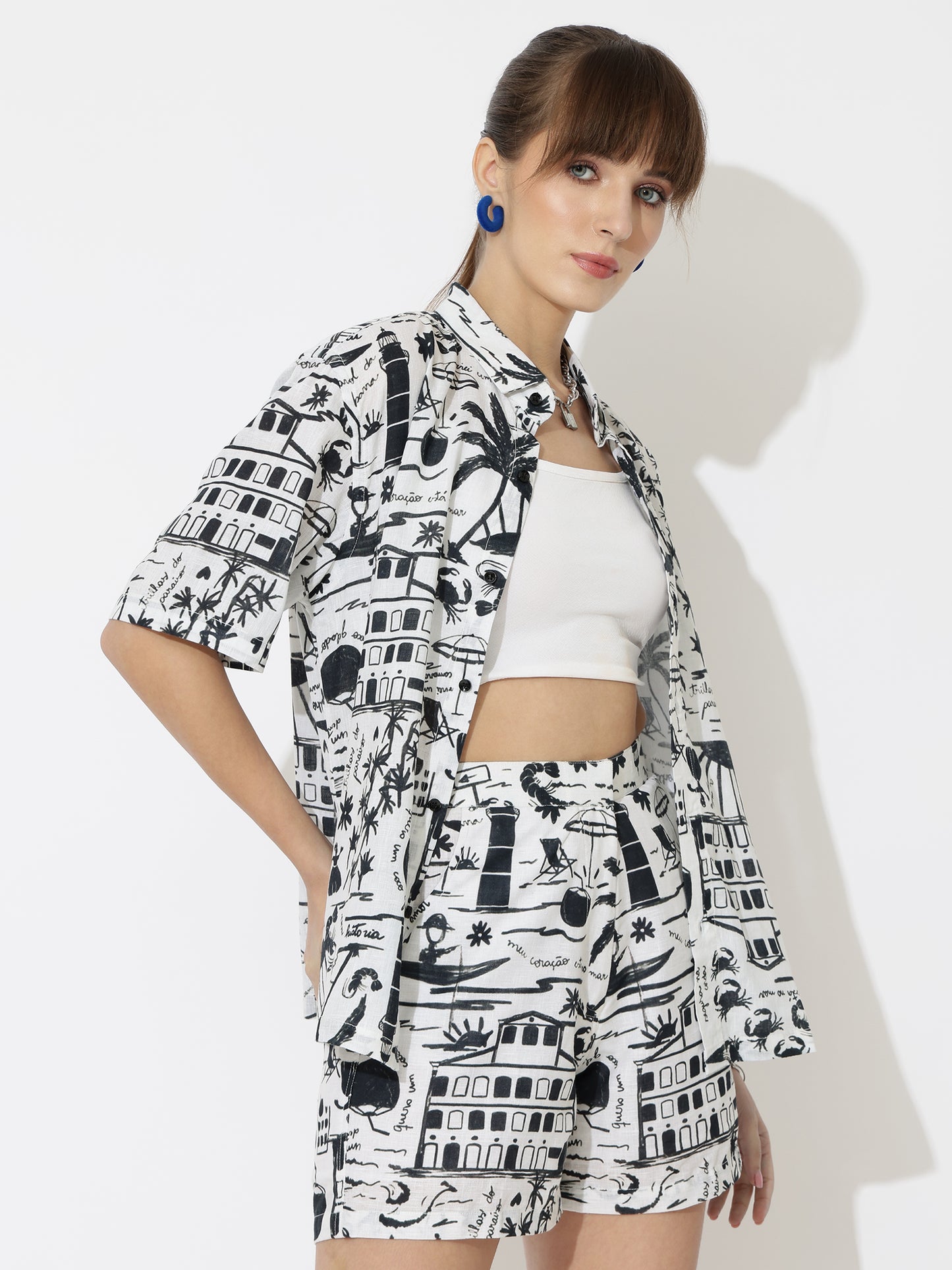 Coconut Print Linen Women Shorts Co-Ord Set by Brand Black Jack