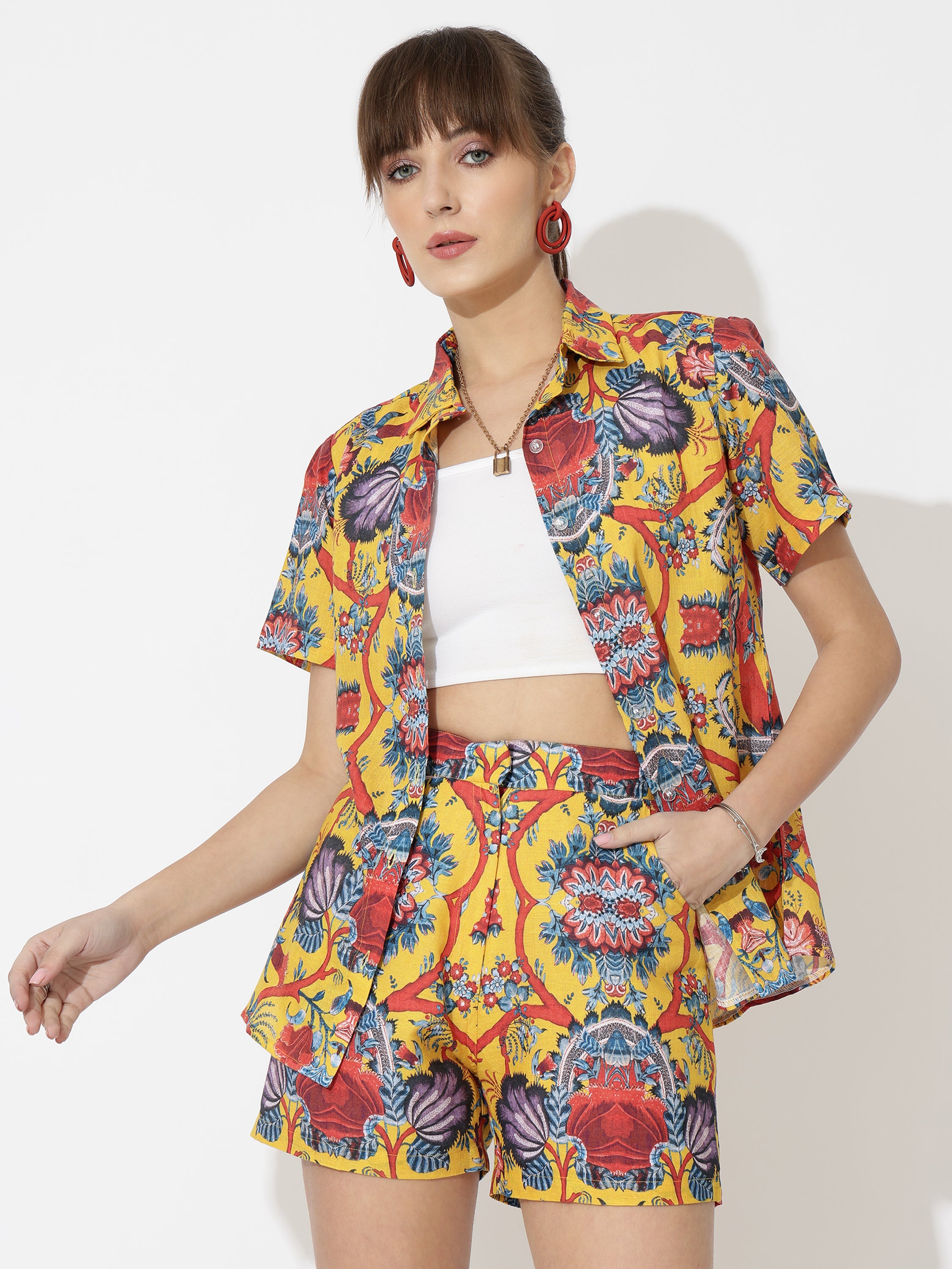 Geo Floral Linen Women Shorts Co-Ord Set by Brand Black Jack