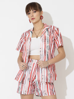 Red Stripe Linen Women Shorts Co-Ord Set by Brand Black Jack