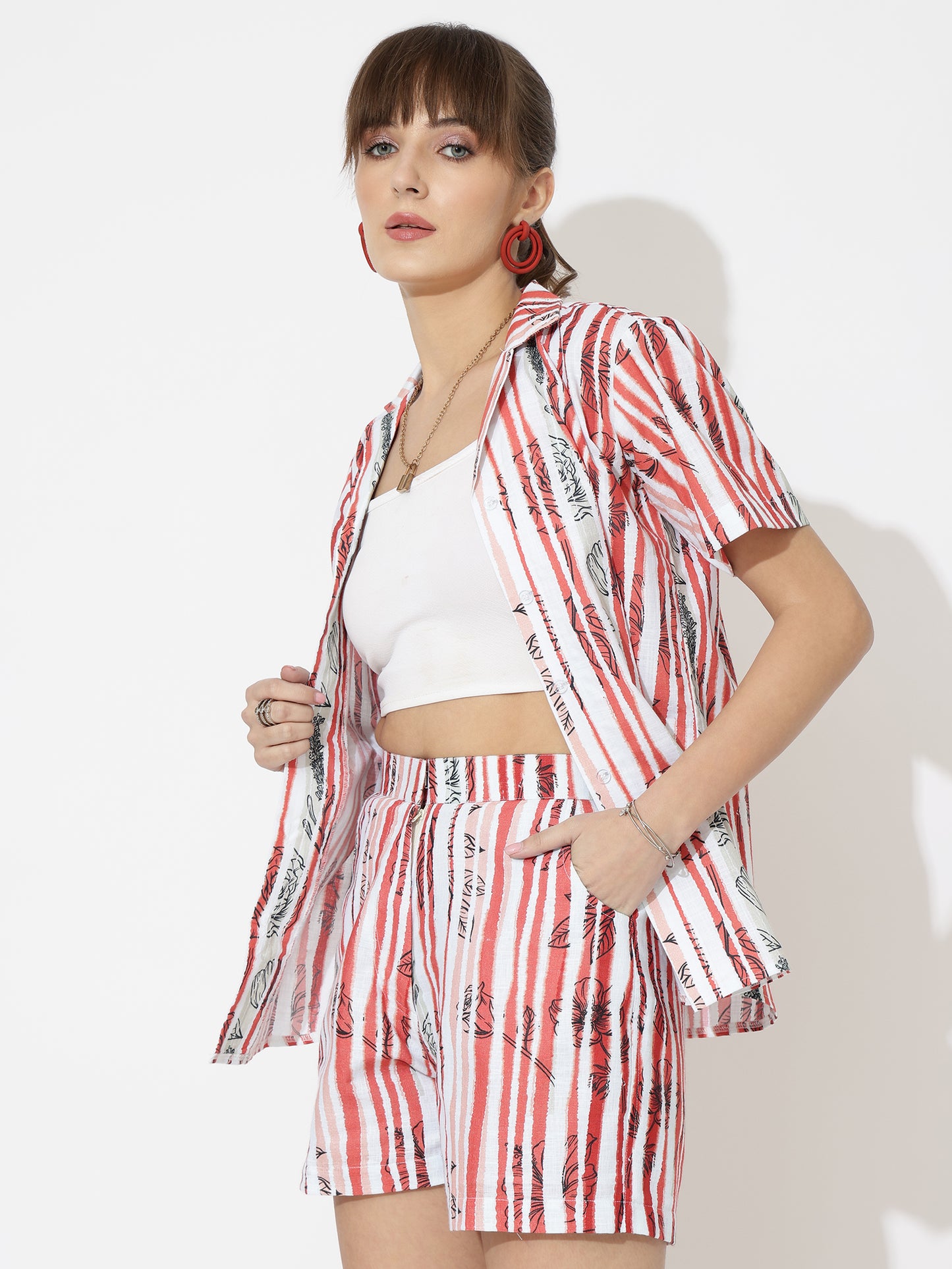 Red Stripe Linen Women Shorts Co-Ord Set by Brand Black Jack