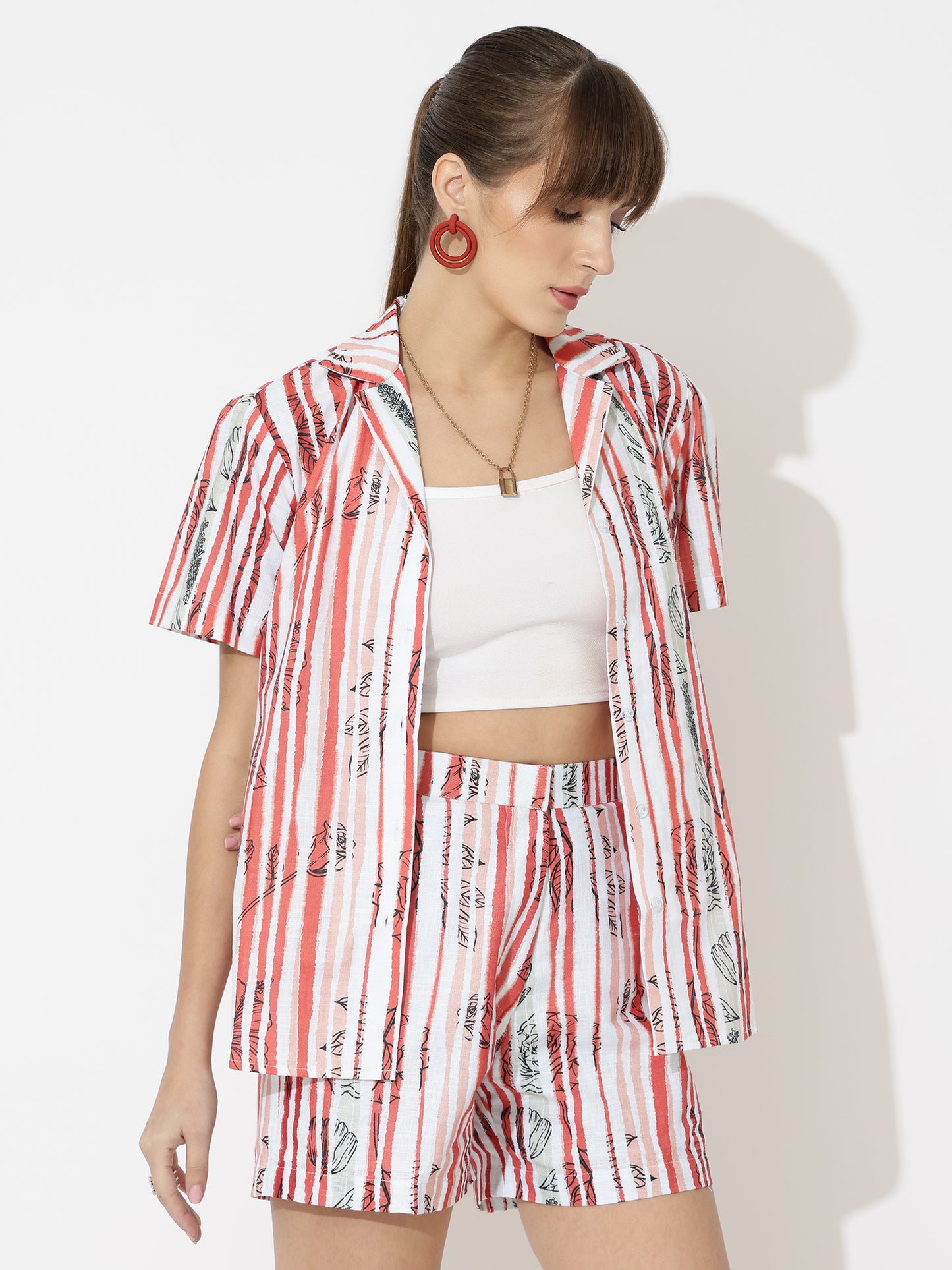 Red Stripe Linen Women Shorts Co-Ord Set by Brand Black Jack