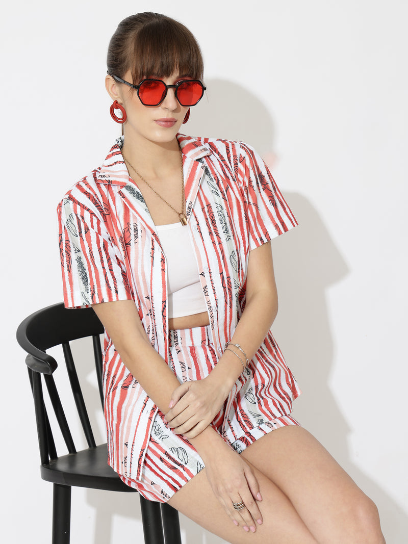 Red Stripe Linen Women Shorts Co-Ord Set by Brand Black Jack