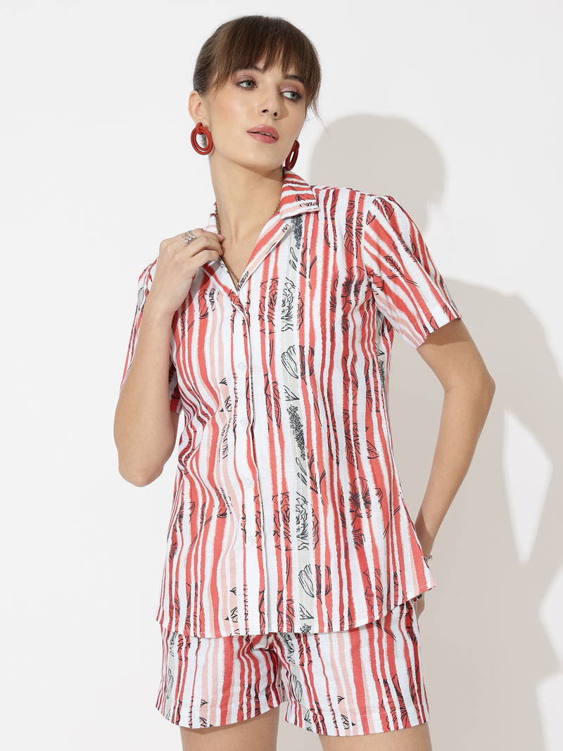 Red Stripe Linen Women Shorts Co-Ord Set by Brand Black Jack