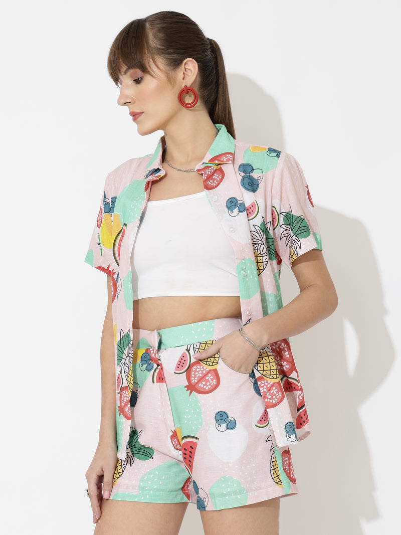 Mix Fruit Print Linen Women Shorts Co-Ord Set by Brand Black Jack