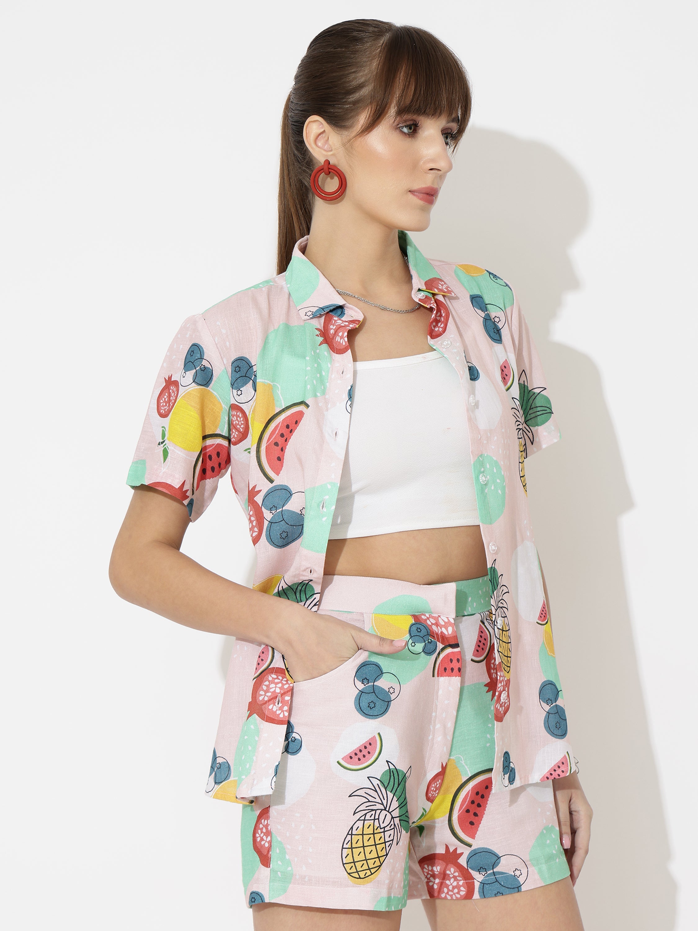 Mix Fruit Print Linen Women Shorts Co-Ord Set by Brand Black Jack