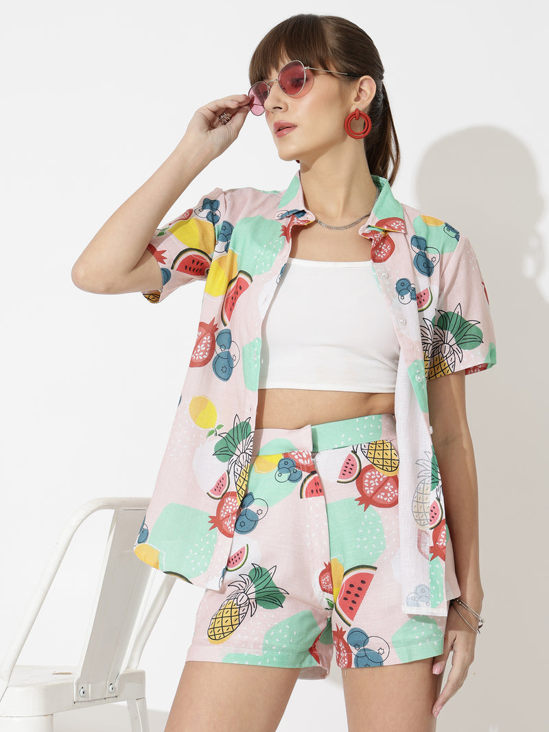 Mix Fruit Print Linen Women Shorts Co-Ord Set by Brand Black Jack