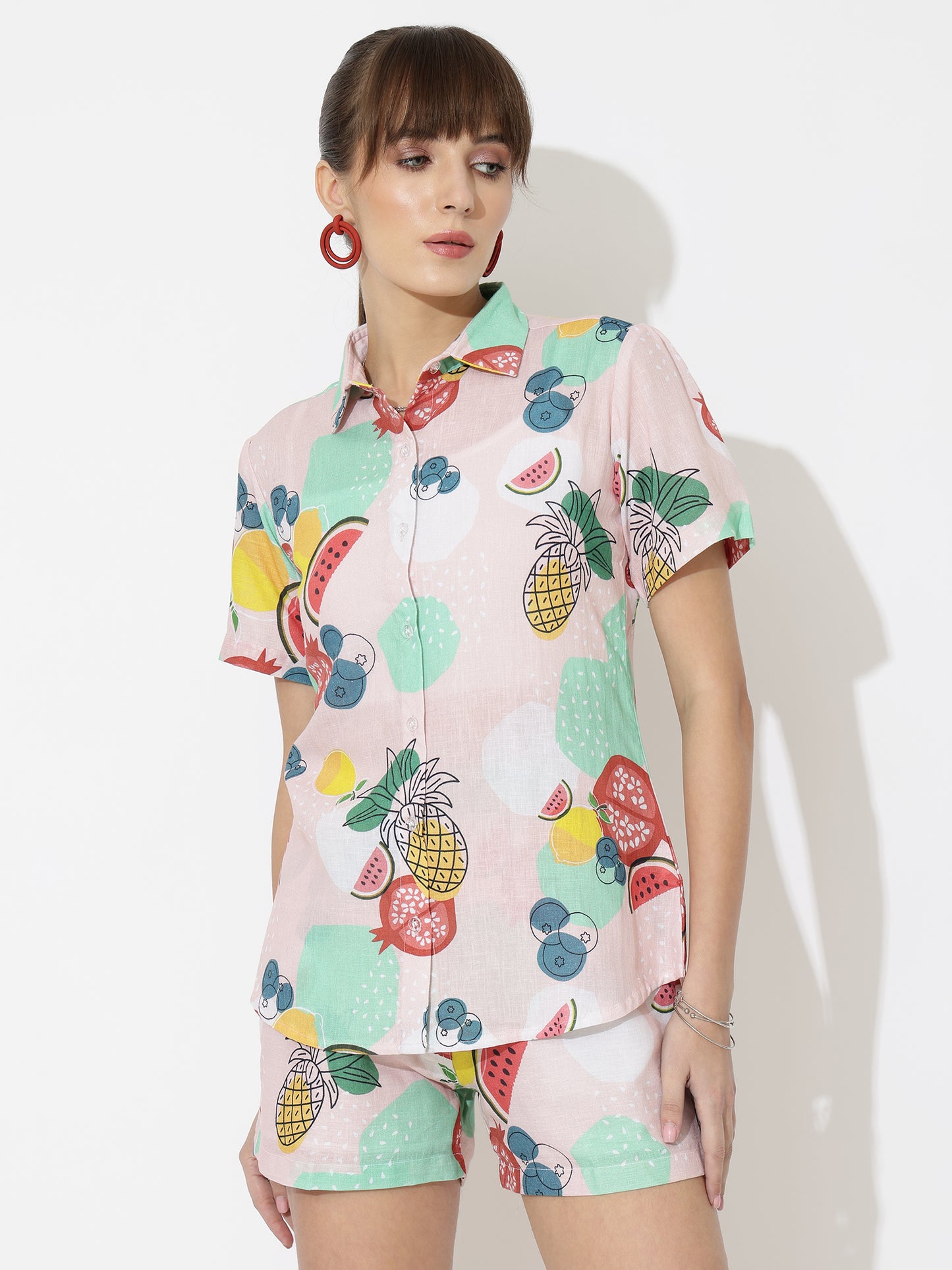 Mix Fruit Print Linen Women Shorts Co-Ord Set by Brand Black Jack