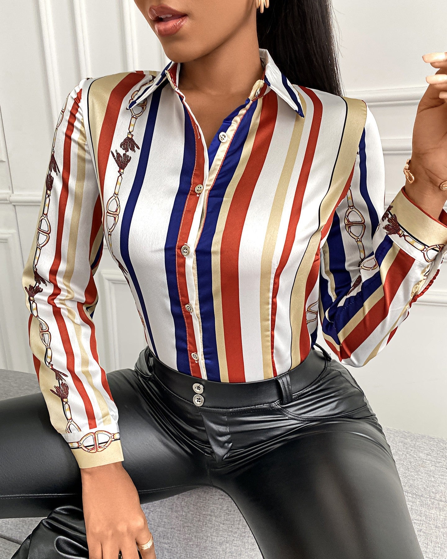 Scarf Print Long Sleeve Button Design Shirt