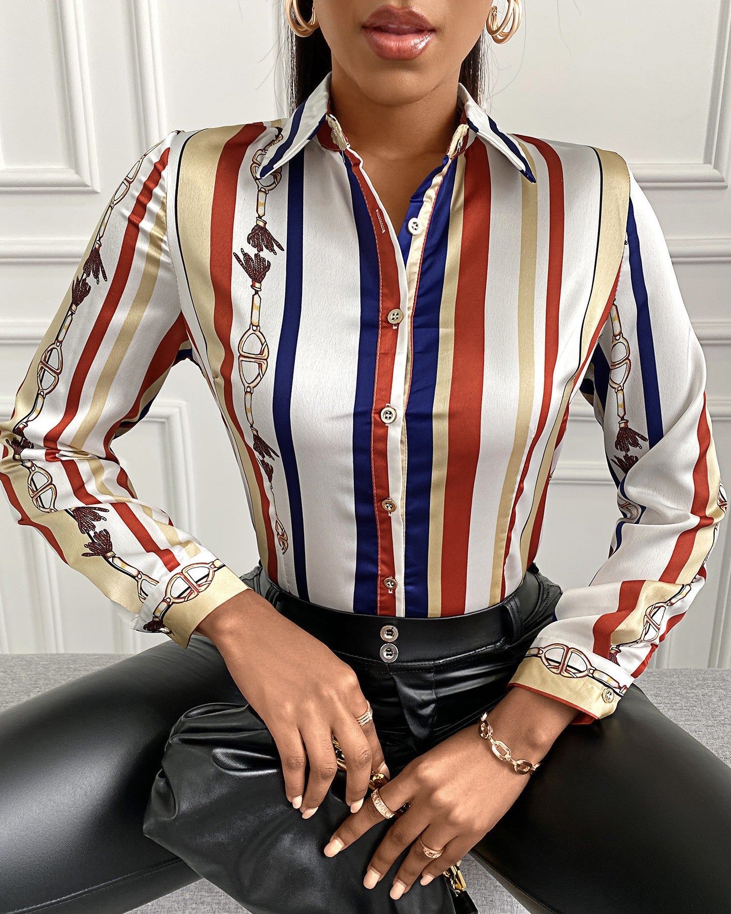 Scarf Print Long Sleeve Button Design Shirt