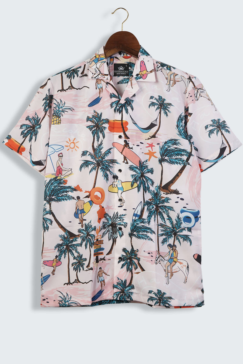 Hawaii Surf Beach Plam Tree Print With Beach-men Playing Surf Mens Printed Shirts