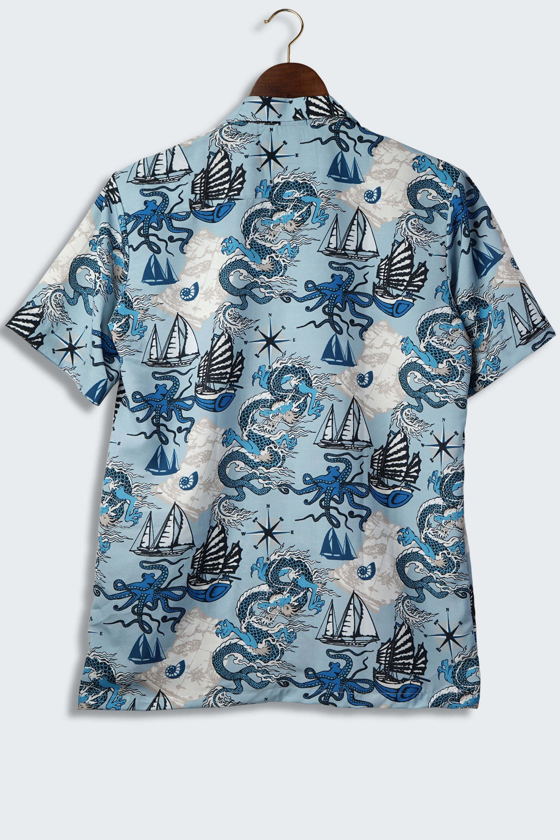 Pattern of Asian Dragon, Octopus and Sea Voyages Mens Printed Shirt by Black Jack