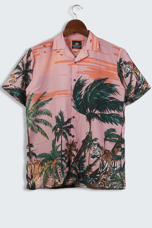 Plam Jungle Art With Safari Animal, Tiger, Leopard, Sand Beach Mens Printed Shirt