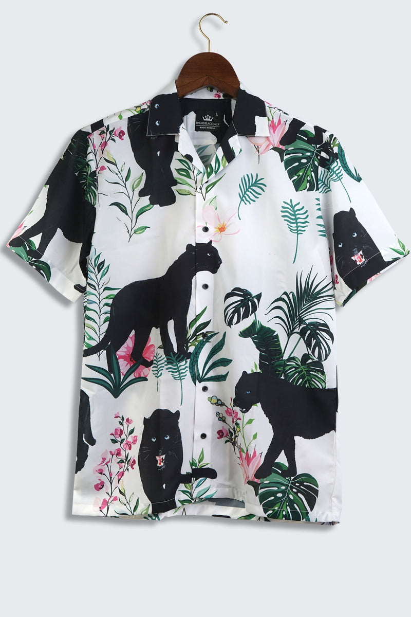 Wild Life Black Panther In The Tropical Forest Pink Flower Tropical Leaves Mens Printed Shirt