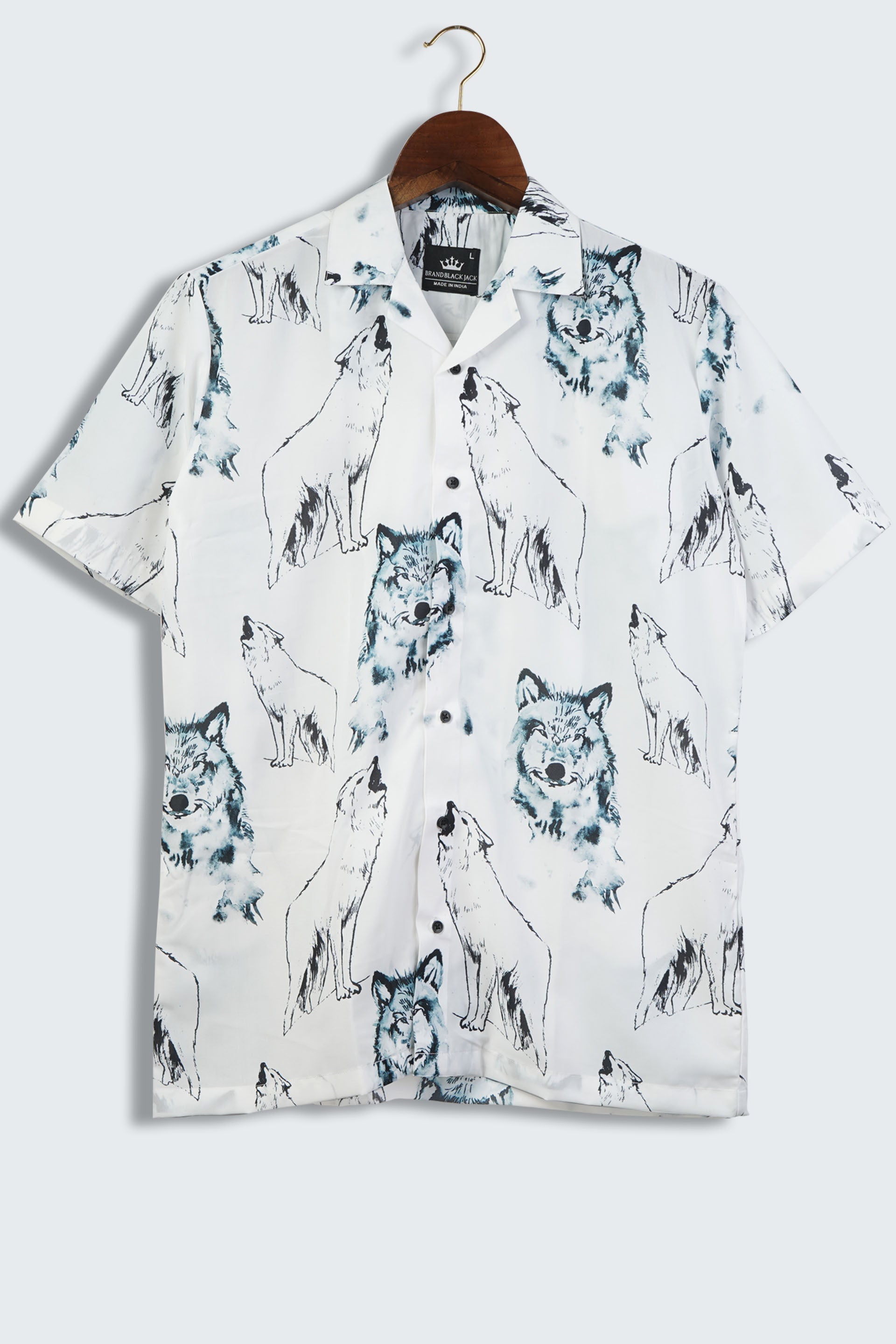 Wolfs Water Color Patteran Cuban Collar Mens Printed Shirts by Black Jack