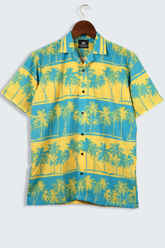 Yellow Palms on a Sky Blue Color Cuban Style Mens Shirt by Black Jack